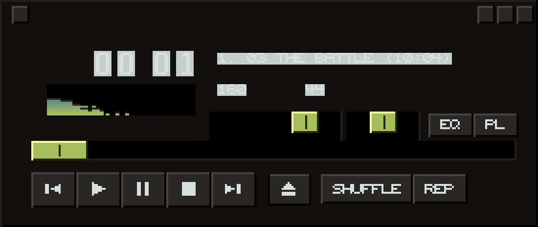 The classic player window rendered in the Insulator palette: a near-black ground, mid-gray transport buttons with visible bevels, yellow-green slider handles, pale gray display type, and a live spectrum analyzer decaying at the left.
