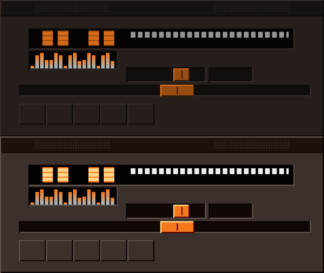 Two versions of the same generated player interface, one above the other. The upper version has muddy brownish-orange accents and flat, low-contrast bevels. The lower version has bright saturated orange accents, crisp white numerals and bevels that read clearly.